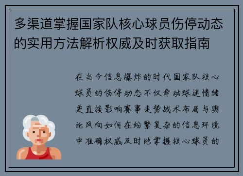多渠道掌握国家队核心球员伤停动态的实用方法解析权威及时获取指南 多渠道掌握国家队核心球员伤停动态的实用方法解析权威及时获取指南